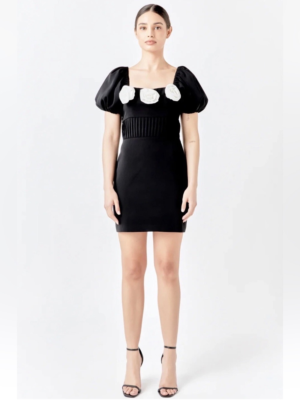Endless Rose Black Puff Sleeve Mini Dress With White Rosettes size Medium NWT - Picture 6 of 15